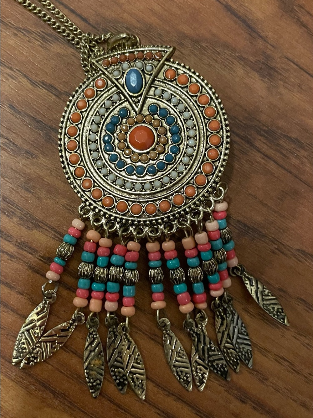 Vintage Bohemian Southwestern Coral & Teal Beaded Dreamcatcher Pendant Necklace